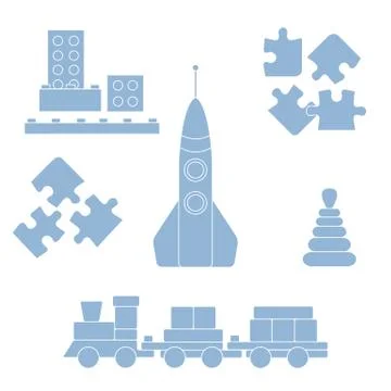 Vector illustration kids toys objects: train, puzzle, rocket, pyramid, blocks Stock Illustration