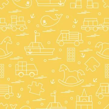 Vector illustration kids toys objects: train, puzzle, designer, boat, car, wh Illustrazione stock