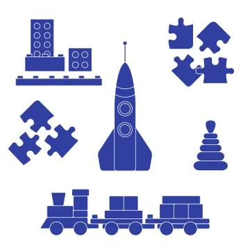 Vector illustration kids toys objects: train, puzzle, rocket, pyramid, blocks Illustrazione stock