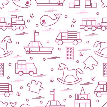 Vector illustration kids toys objects: train, puzzle, designer, boat, car, wh Illustrazione stock