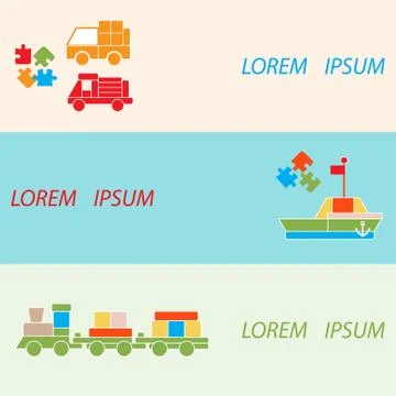 Vector illustration kids toys objects: train, puzzle, designer, boat, cars. Stock Illustration