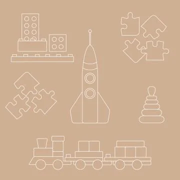 Vector illustration kids toys objects: train, puzzle, rocket, pyramid, blocks Illustrazione stock