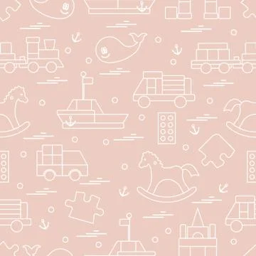 Vector illustration kids toys objects: train, puzzle, designer, boat, car, wh Illustrazione stock
