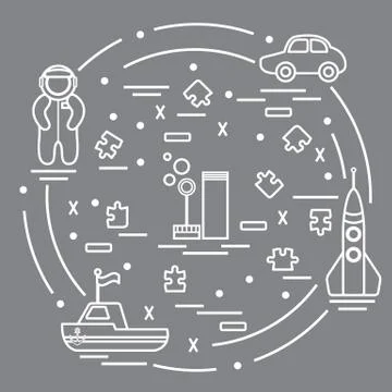 Vector illustration kids toys objects: astronaut, rocket, ship, car, puzzles  Stock Illustration