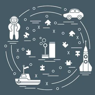 Vector illustration kids toys objects: astronaut, rocket, ship, car, puzzles  Stock Illustration