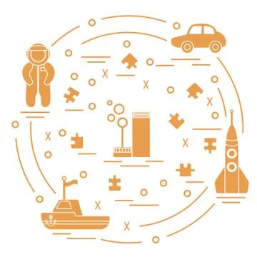Vector illustration kids toys objects: astronaut, rocket, ship, car, puzzles  Stock Illustration