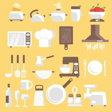 Vector illustration of kitchen tools, ware and utensils. Flat style for web,  Stock Illustration