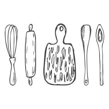 Vector illustration of kitchen utensils for baking, drawn by hand. Stock Illustration