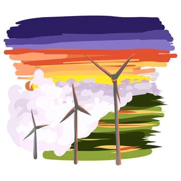 Vector illustration of landscape and clouds. wind generator on the background of Illustrazione stock