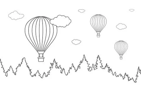 Vector illustration of landscape with forest and flying hot air balloons for  Stock Illustration