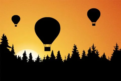 Vector illustration of landscape with forest, flying hot air balloons Stock Illustration