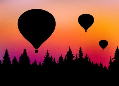 Vector illustration of landscape with forest, flying hot air balloons and ora Stock Illustration