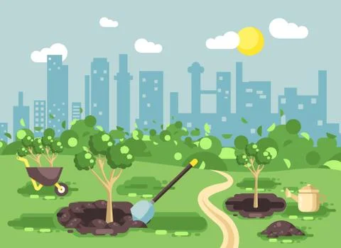 Vector illustration landscape, scenery, view, scene, planting garden seedlings Stock Illustration