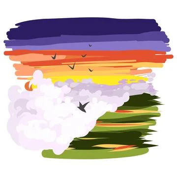 Vector illustration of the landscape. sunset, clouds and birds. Stock Illustration