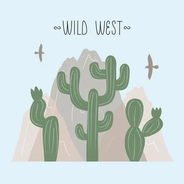 Vector illustration with landscape of wild west, where cactus, mountain, eagle Stock Illustration