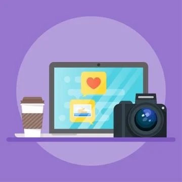Vector illustration of laptop, coffee, camera. Stock Illustration