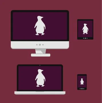 Vector illustration laptop, smartphone, tablet, computer screen with white linux Illustrazione stock