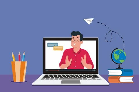 Vector illustration of a laptop with video of virtual online teacher on a screen 스톡 일러스트
