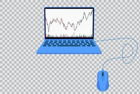 Vector illustration of a laptop with a wired mouse, displaying a financial Stock Illustration