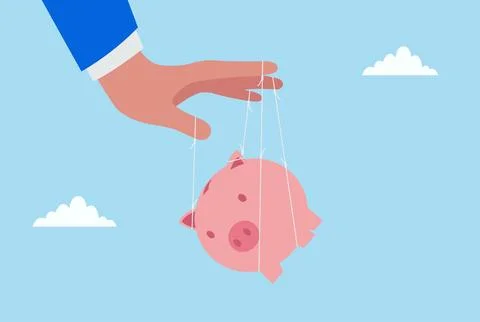 Vector illustration of a large hand controlling a piggy bank like a puppet Stock Illustration