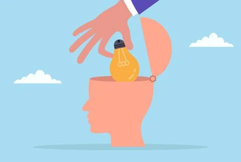 Vector illustration of a large hand removing a light bulb from an open head Stock Illustration
