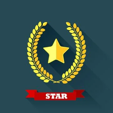 Vector illustration with laurel wreath and star in flat design with long shadow Stock Illustration