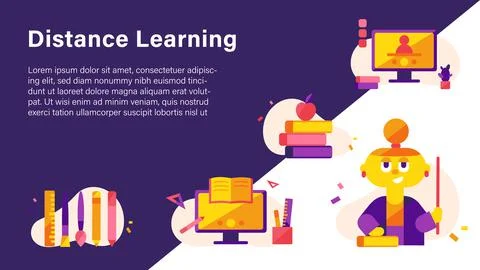 Vector illustration of learning online icons on purple white background. Stock Illustration