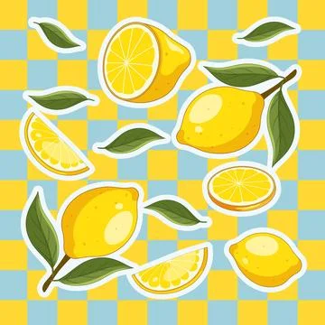 Vector Illustration of Lemon Fruit Stickers on Blue and Yellow Checkerboard Stock Illustration