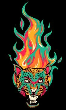 Vector illustration of Leopard head with fire on black background Stock Illustration