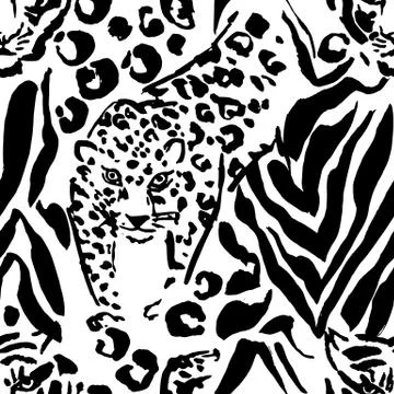 Vector illustration leopard print seamless pattern. Black and white tiger hand Stock Illustration