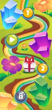 Vector Illustration of a level map with a bright design: rainbow river, crystals Stock Illustration