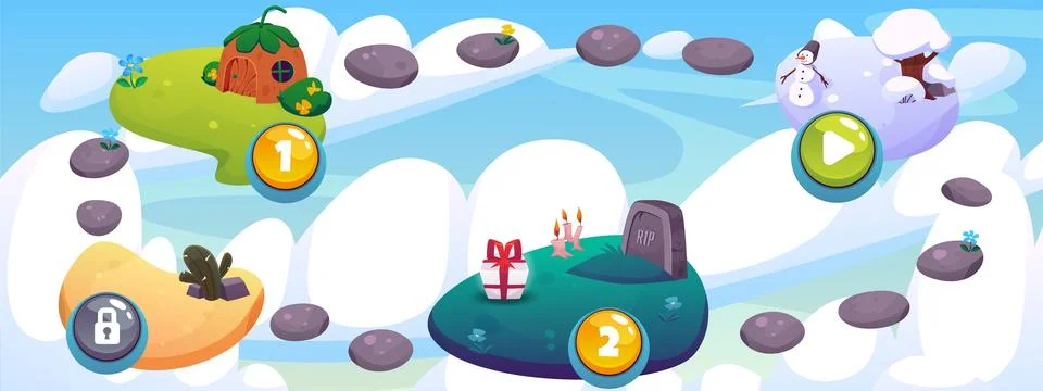 Vector Illustration of a level map with islands floating in the clouds and a Stock Illustration