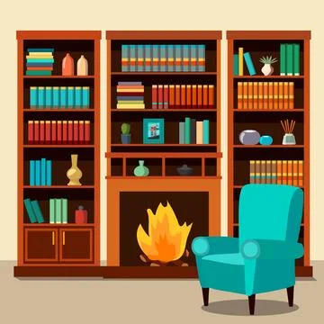 Vector illustration of a library room with an arm chair and a fire place Stock Illustration