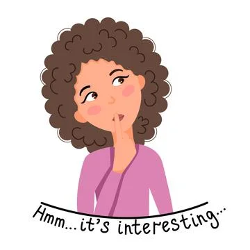 Vector illustration of a light-skinned curly-haired girl who thinks while Stock Illustration
