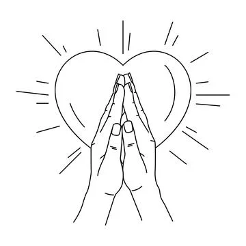 Vector illustration of line art praying hands with heart shape background. Pe Stock Illustration