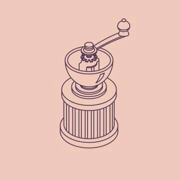 Vector illustration line sketch with 3D coffee grinder. Coffee mill in isometric Stock Illustration