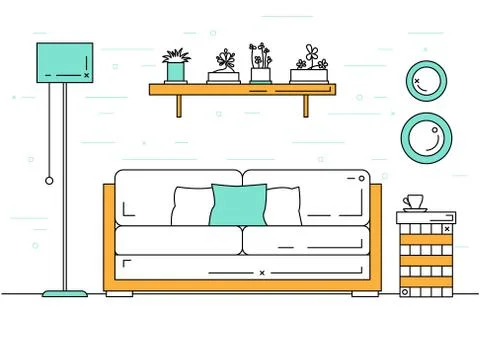 Vector illustration in a linear style. Sofa, bedside table, floor lamp and sh Stock Illustration