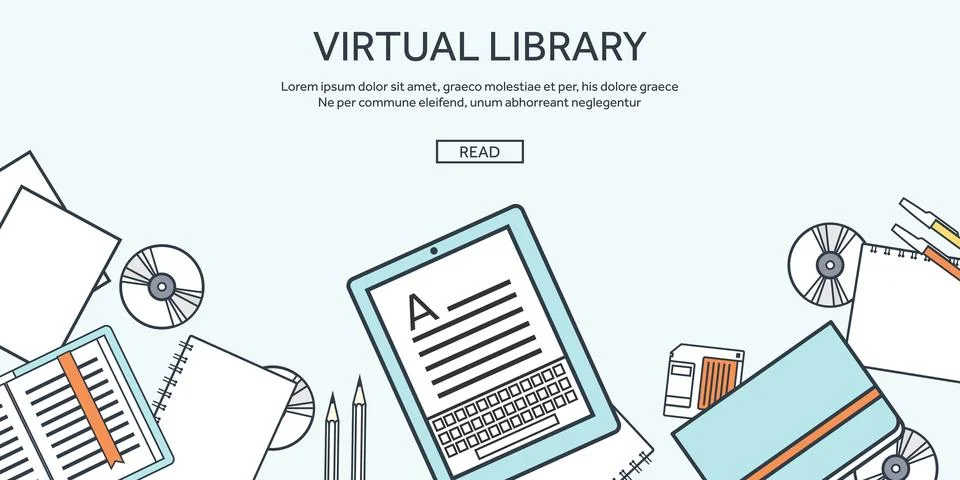 Vector illustration, lined. Flat background with e-book. Virtual library Stock Illustration