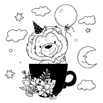 Vector illustration, lion in a cup with a balloon in handdraw doodle style. Stock Illustration