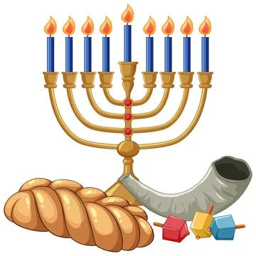 Vector illustration of a lit menorah, braided challah bread, shofar, and colo Stockillustratie