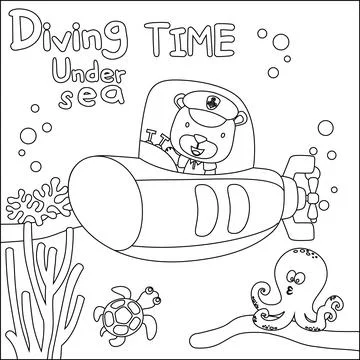 Vector illustration of little bear driving submarine with cartoon style, Stock Illustration