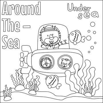 Vector illustration of little bear driving submarine with cartoon style, Stock Illustration