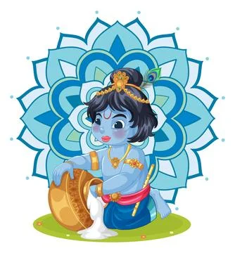 Vector Illustration of Little Blue Deity with Butter Pot and Mandala Stock Illustration