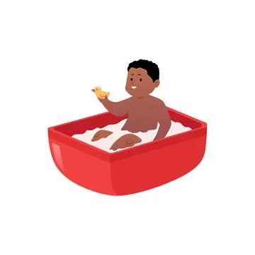 Vector illustration of a little boy, with dark skin, bathing in a bathtub. Stock Illustration
