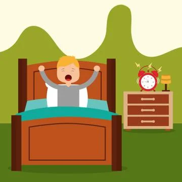 Vector illustration of Little boy waking up in a bed on white background Illustrazione stock
