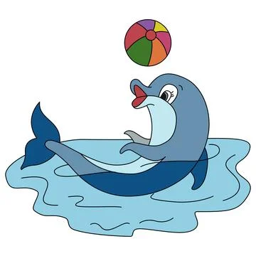 Vector Illustration of Little cute dolphin jumps out of the water and ball Stock Illustration