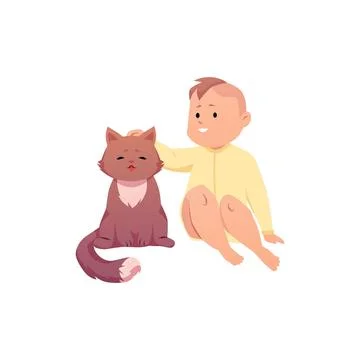 Vector illustration of a little happy boy sitting and petting a cat. Stock Illustration