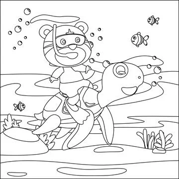 Vector illustration of little turtle and tiger are swim in underwater. Stockillustratie