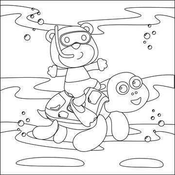 Vector illustration of little turtle and bear are swim in underwater. Stockillustratie