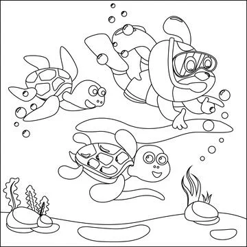 Vector illustration of little turtle and dog are swim in underwater. Stock Illustration